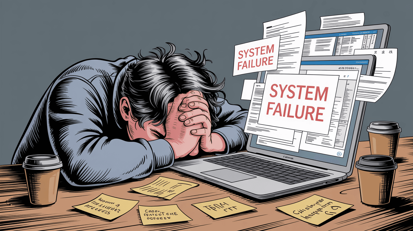 Overwhelmed person with head in hands showing manual email tracking system failures and frustration